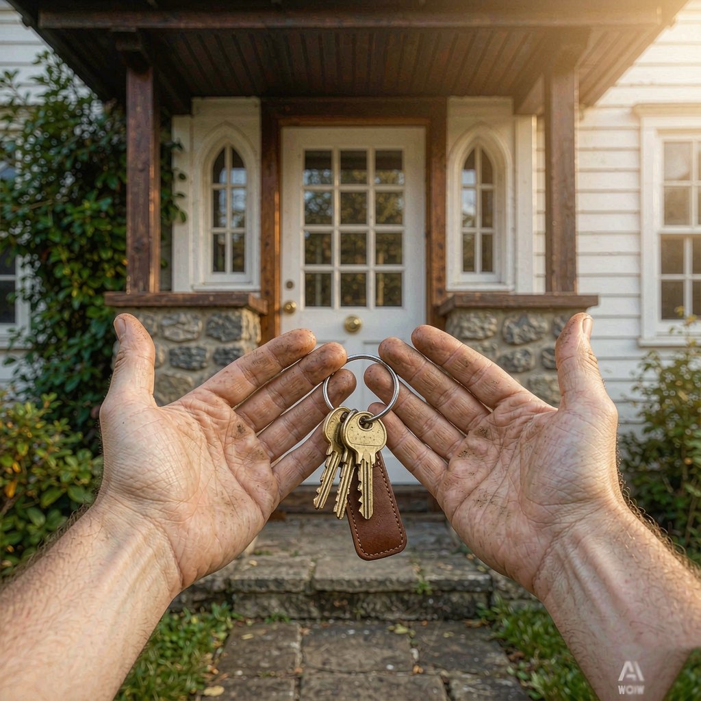 Home Hands holding a set of house keys at a front door